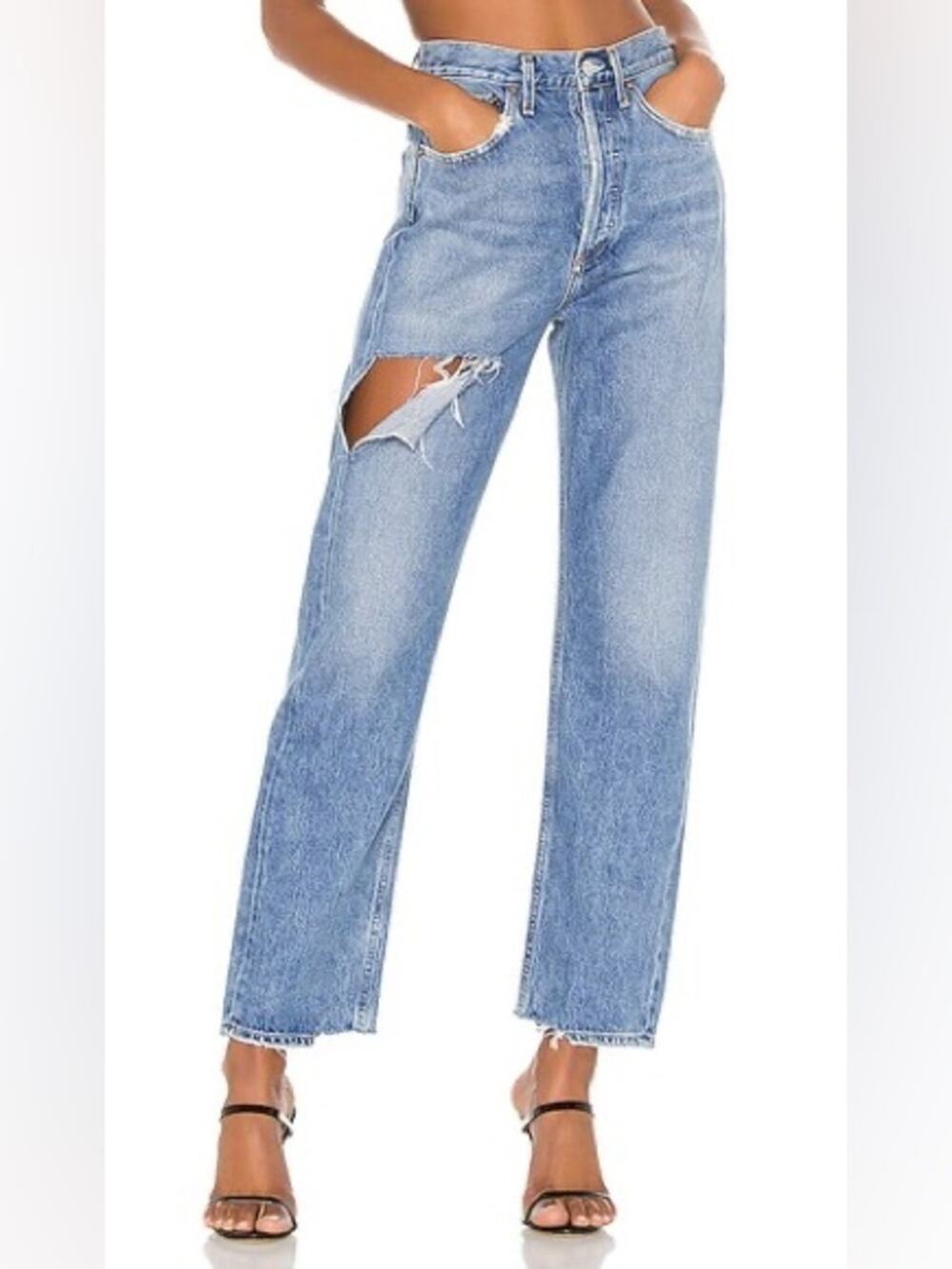 Agolde 90โs Mid Rise Loose Fit Jeans Portal Wash Distressed Size 29